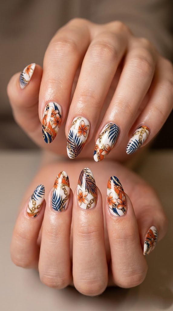 Almond nails with white base, orange plumeria flowers, navy palm leaves and gold chain detail