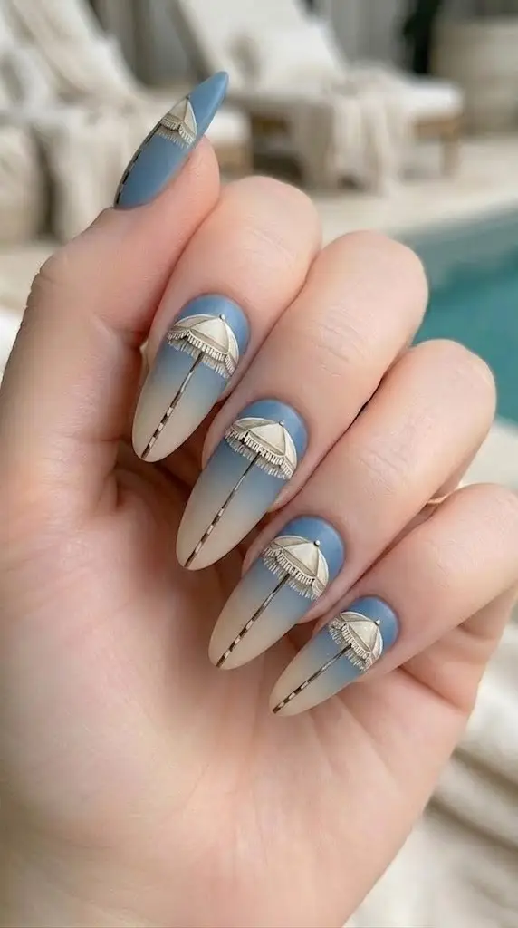 vintage beach umbrella nail art on matte sandy ombre almond nails