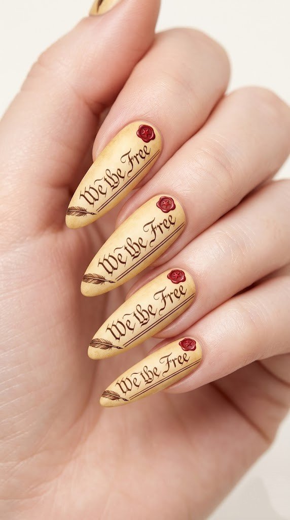 we the free calligraphy nails on aged parchment matte background with red wax seal