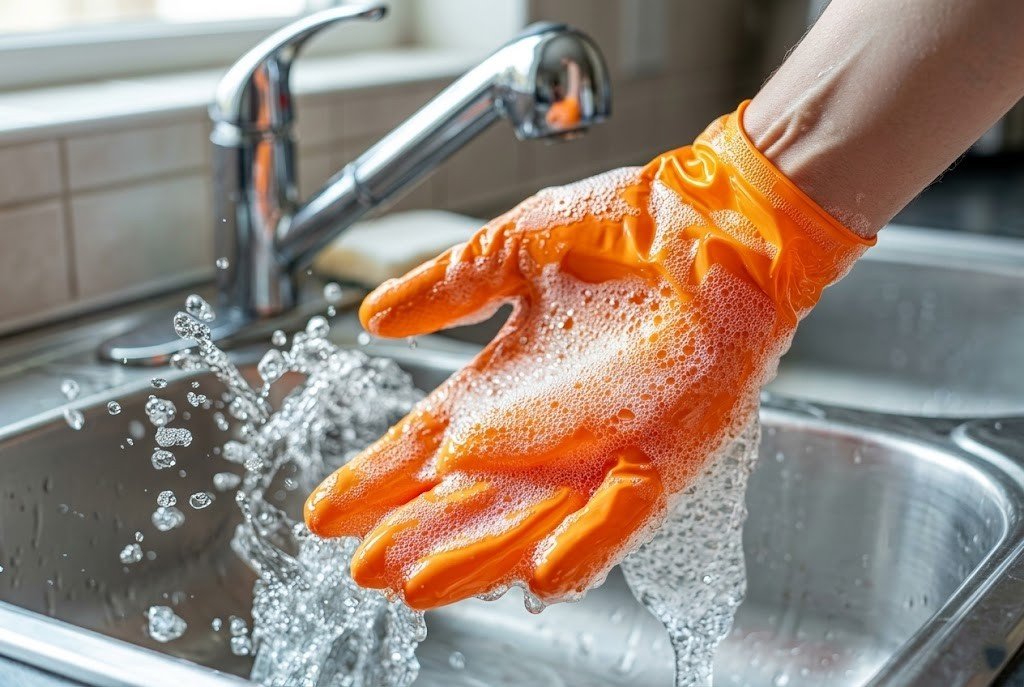 hand wearing rubber gloves under running water to protect weak nails from damage