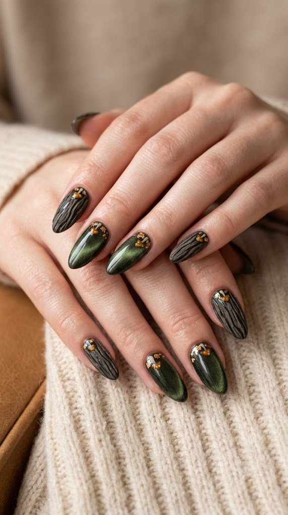 dark moss green velvet cat eye nails with amber mushrooms and copper gold leaf art