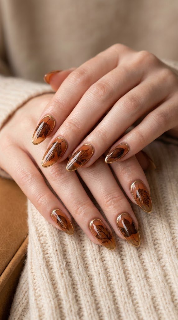 translucent jelly burnt orange nails with espresso dried leaf silhouettes and liquid gold borders