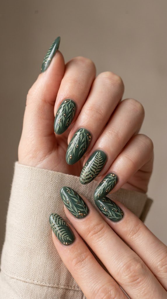 moody jade green gel nails with sage willow branch illustrations and liquid bronze chrome dots