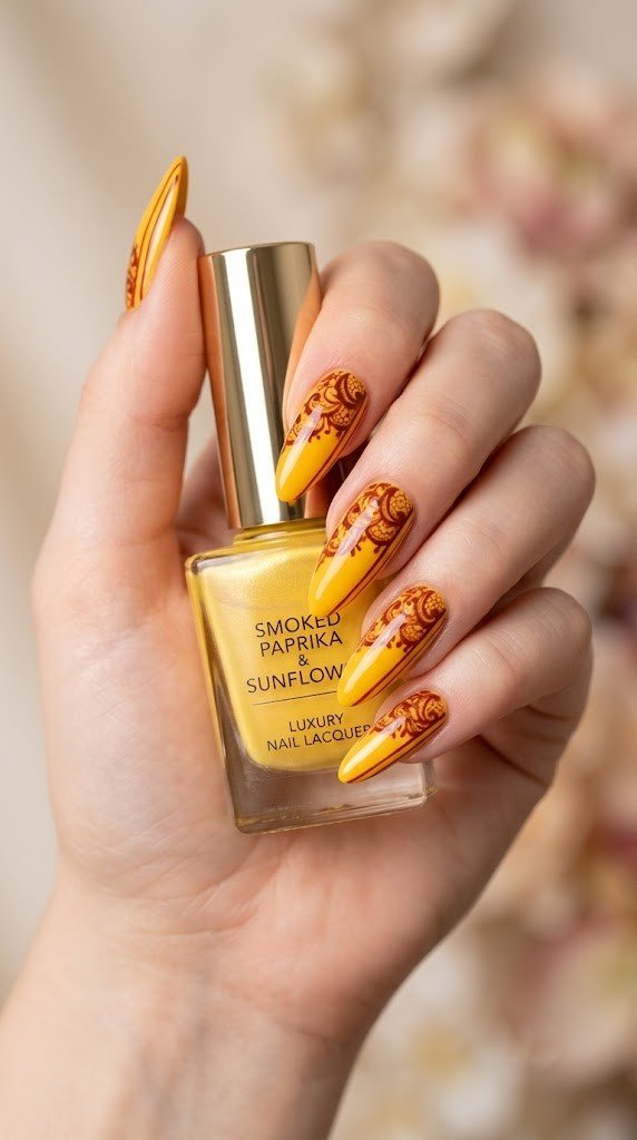 Sunflower yellow and paprika lace cute fall nail ideas on almond nails