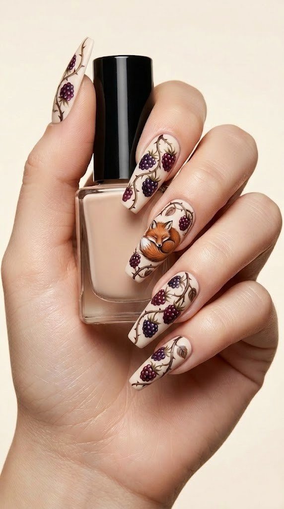 long oval nails with sleeping fox and burgundy blackberry vine illustration on cream base
