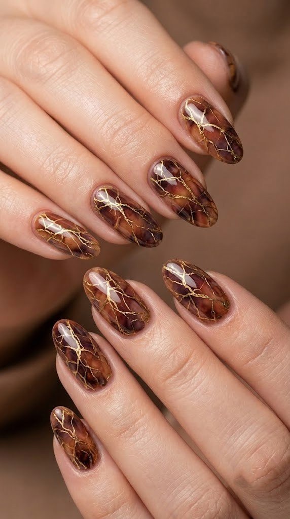 Long oval nails with antique gold foil veins on deep burnt fig translucent gel base