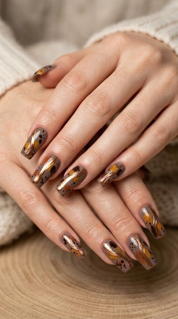 Long square nails with mahogany petrified wood tones and white-gold chrome stripe accents