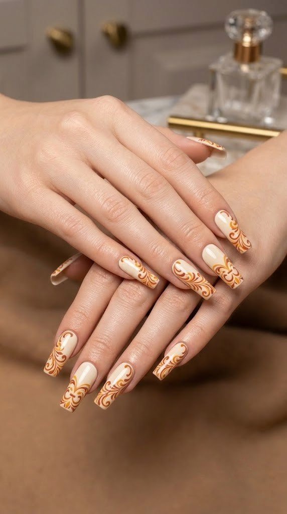 Linen cream square fall nail ideas with saffron and terracotta vines