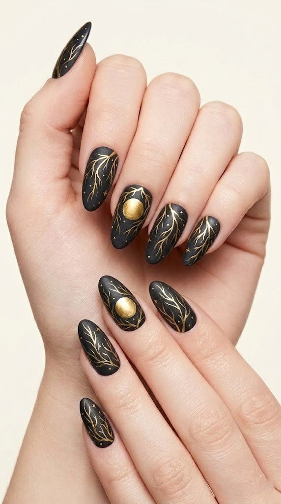 charcoal black almond nails with liquid gold weeping willow branches and harvest moon accent