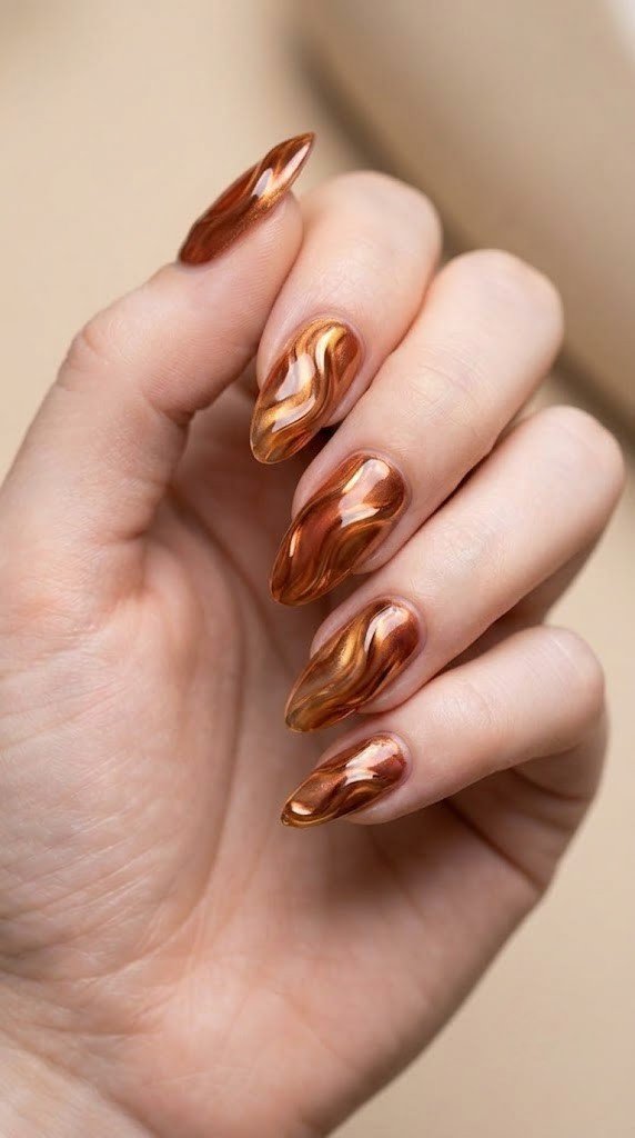 Long almond nails with molten copper and honey-gold abstract swirl design on terracotta base