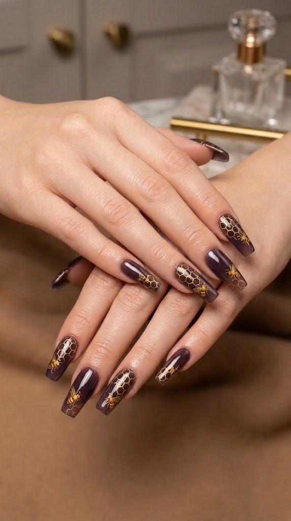 Smoked plum fall nail colors with golden honeycomb lattice on almond nails