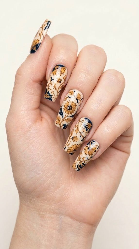 long square nails with withered marigold and navy floral motifs on matte cream base glossy coat