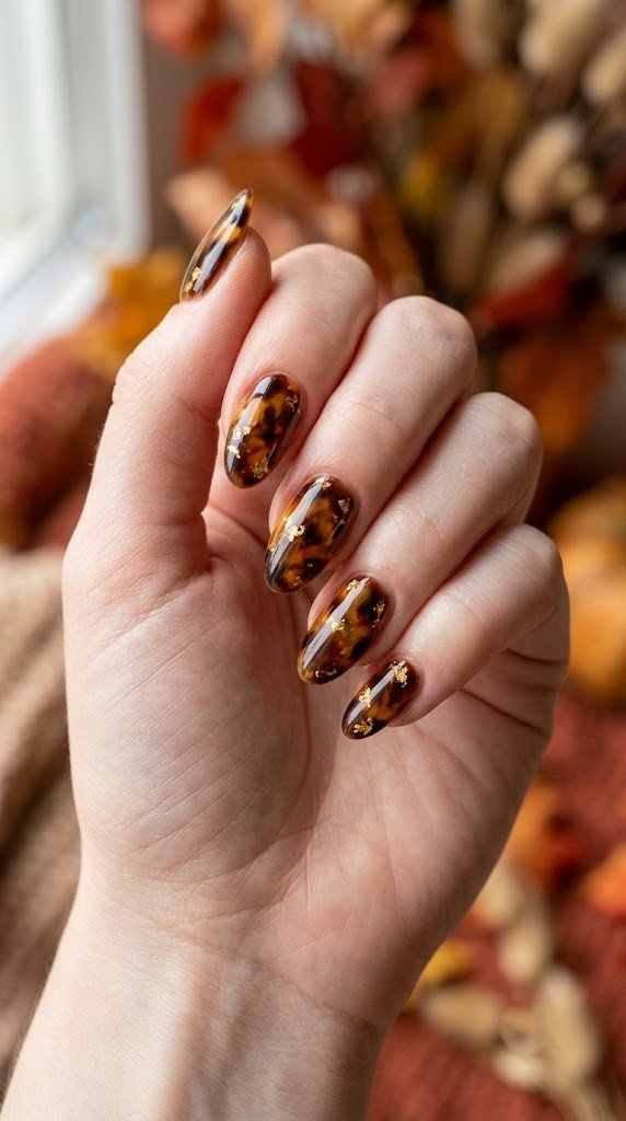 deep tortoiseshell caramel and espresso nails with suspended 24k gold leaf flakes and mirror gloss