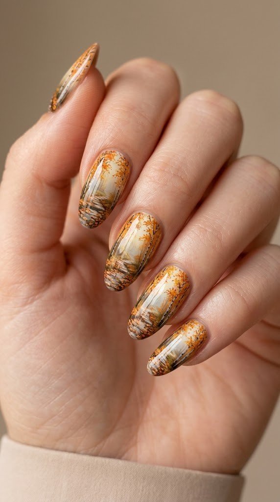 Long oval nails with hand-painted miniature autumn forest path and golden birch trees illustration