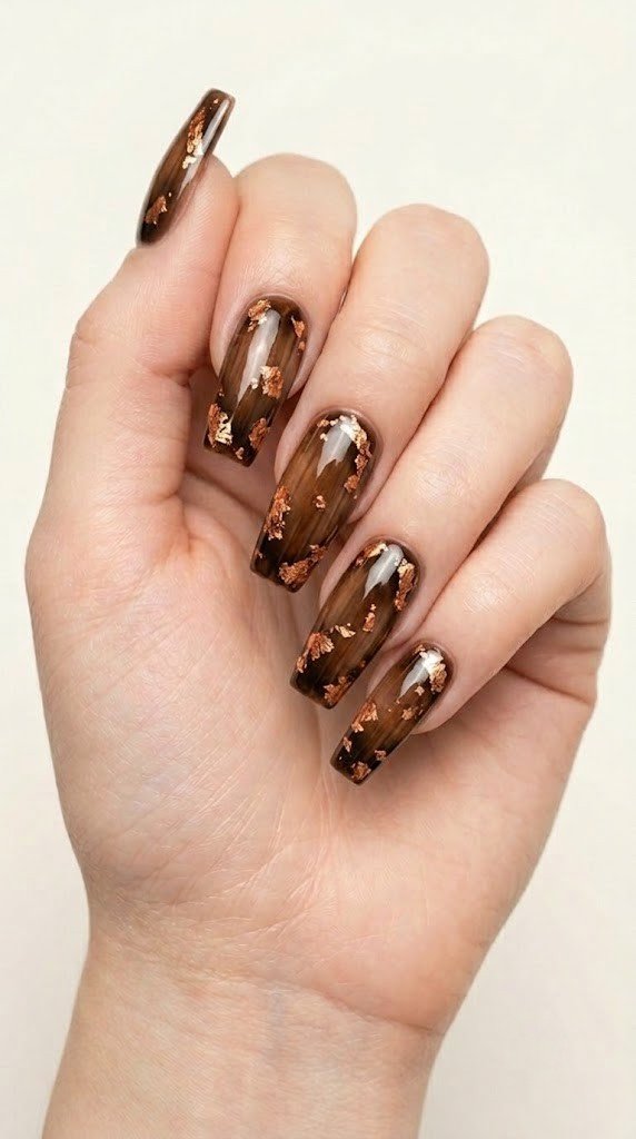 long square nails with espresso brown smoked teakwood gradient and copper leaf flakes gel finish