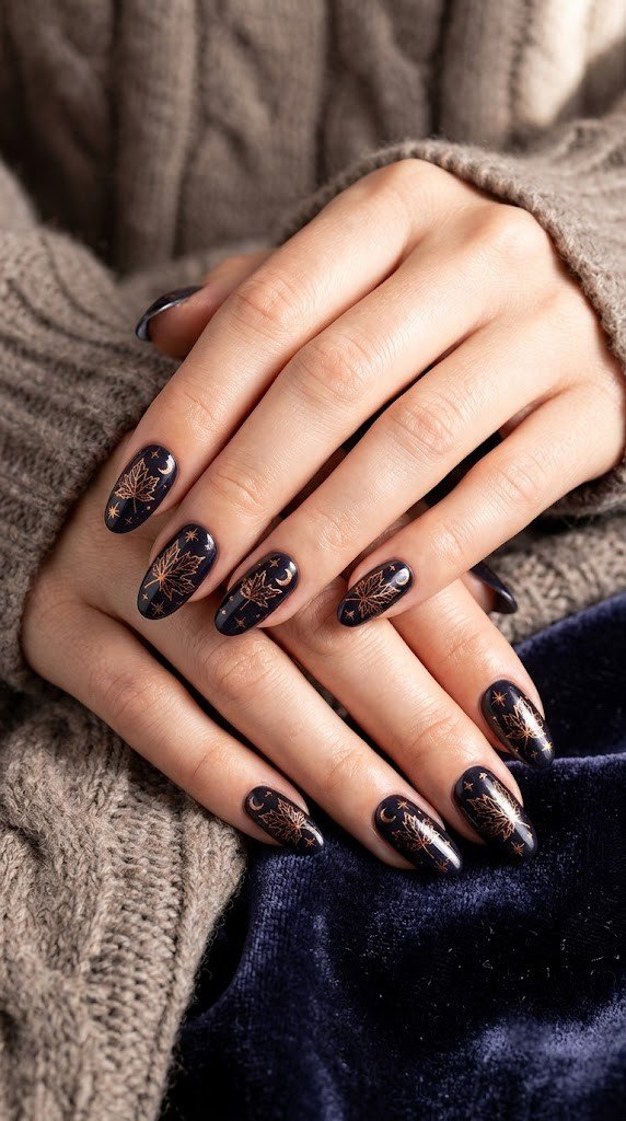 Long oval nails with copper maple leaf and crescent moon illustration on indigo black gel