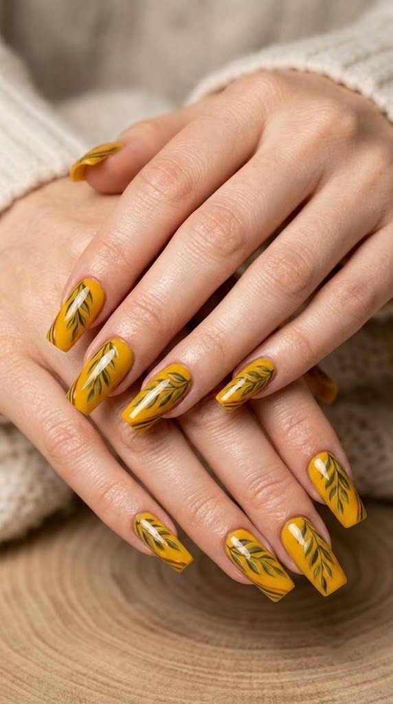 Burnt ochre fall nail colors with hand painted olive leaf details