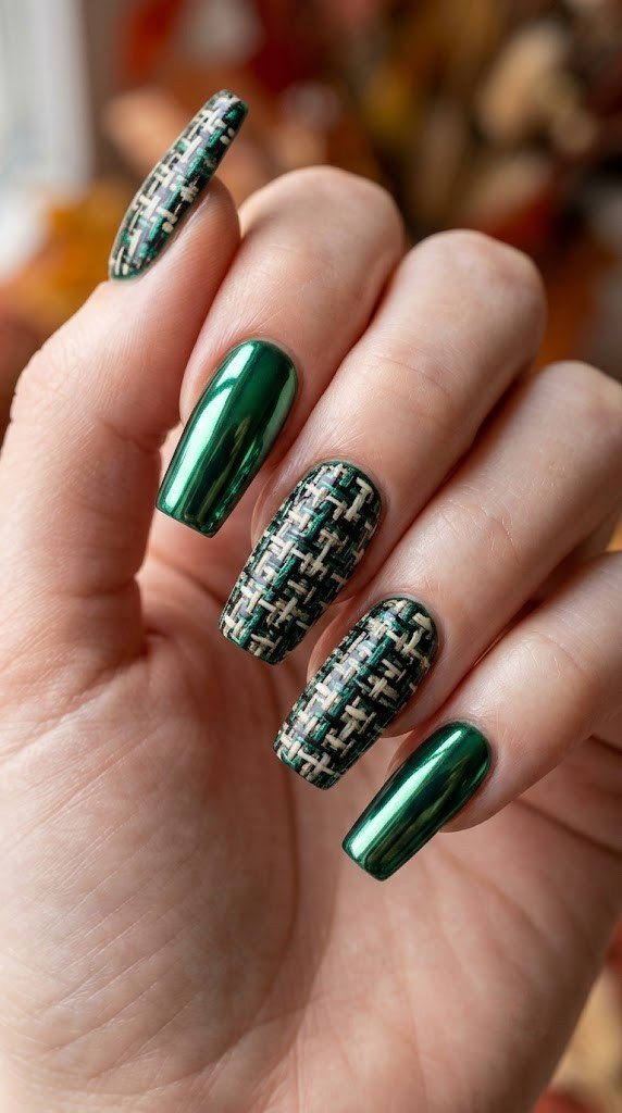 mirror emerald chrome nails with hand-painted luxury tweed accent design in matte black and cream