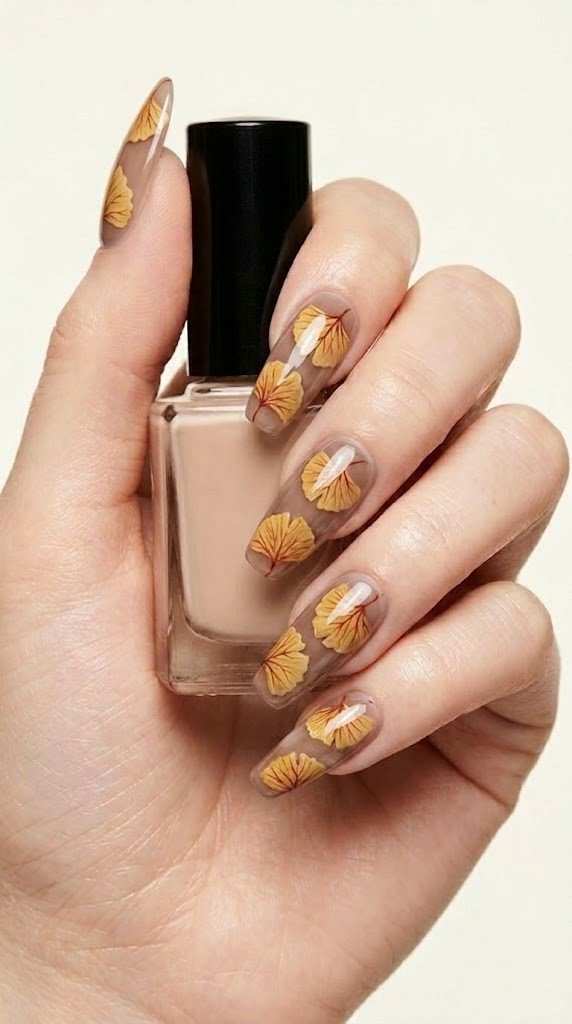 long almond nails with golden aspen leaves and burnt sienna veins cascading on toasted nude base