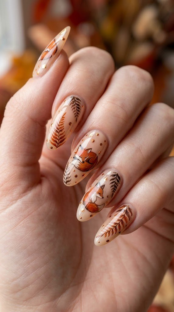 sheer vanilla almond nails with hand-painted sleeping fox and burnt orange fern illustrations
