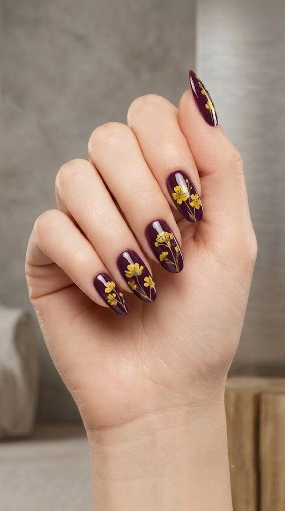 Mulberry purple fall nail art ideas with mustard wildflowers on oval nails