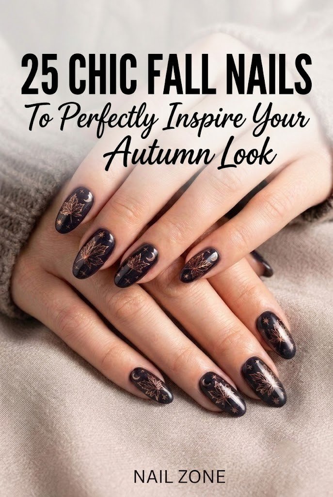 25 chic fall nail ideas with dark navy almond nails and rose gold maple leaf art