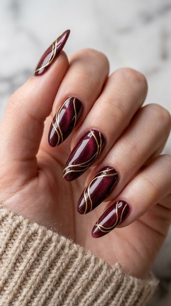 deep burgundy magnetic velvet nails with fine liquid gold chrome wire-like line art and mirror gloss