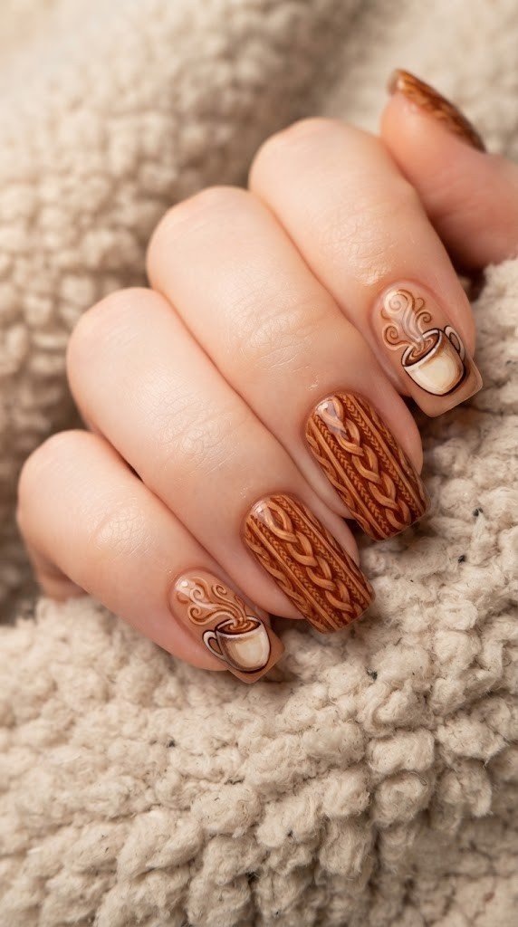 long square nails with cable knit sweater pattern in cinnamon tones and steaming mug accent nail