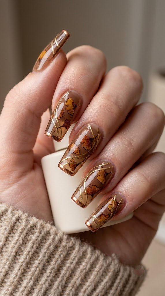 smoked topaz jelly square nails with ochre ginkgo leaf illustrations and copper chrome tip border
