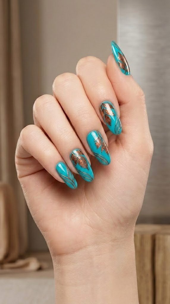 Turquoise fall nail colors with rustic copper leaf line art on oval nails