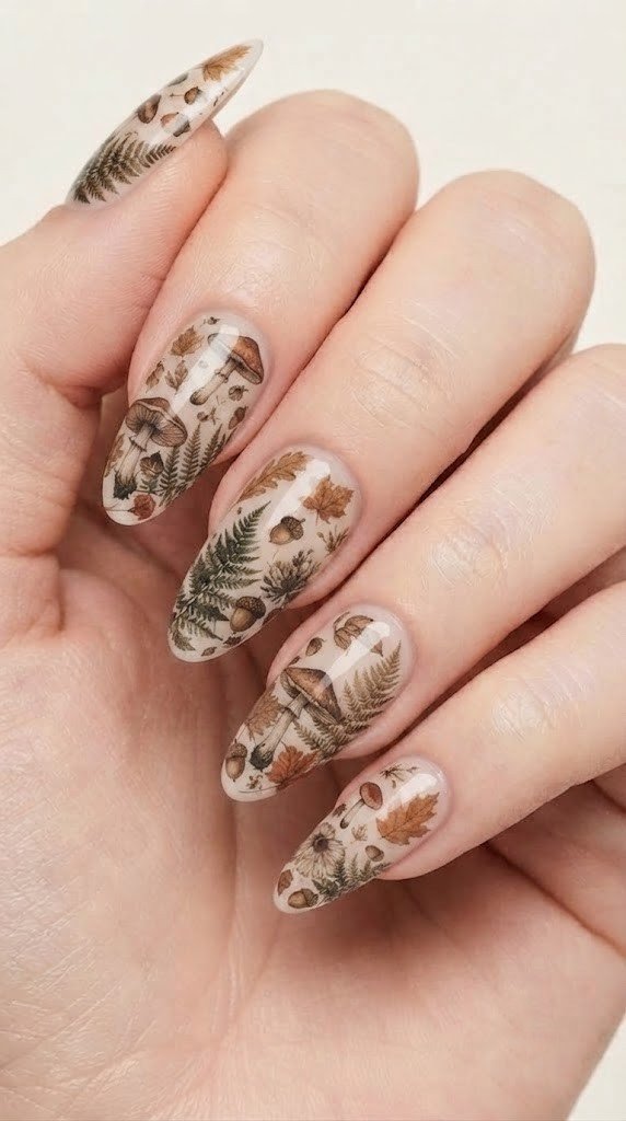 long almond nails with fine-line mushroom fern and acorn botanical illustrations on sheer parchment gel base