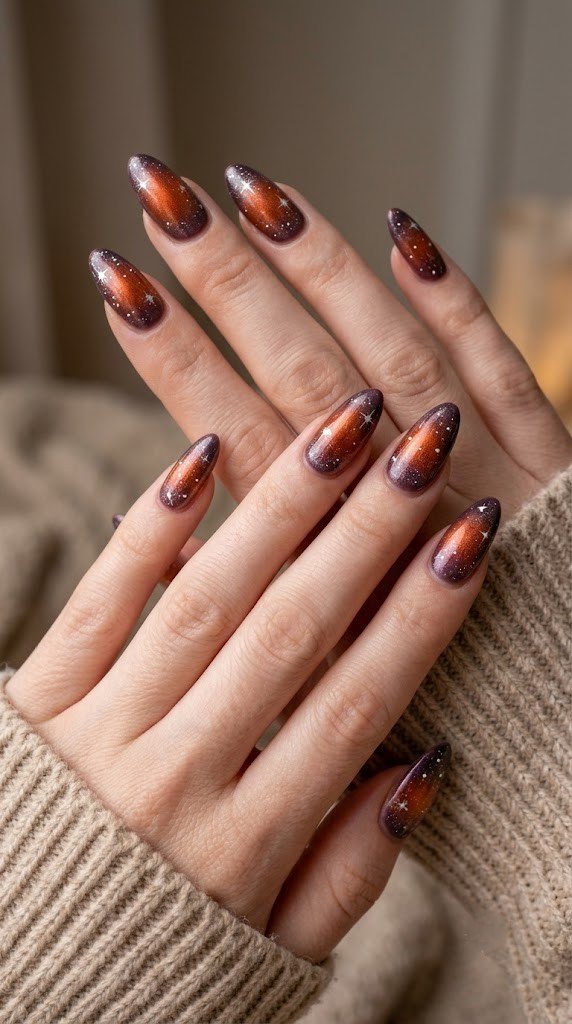 rust orange aura gradient nails with dark plum border and platinum cosmic dust on long almond shape
