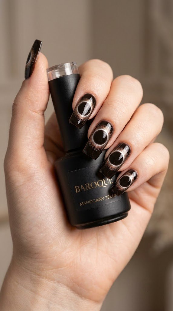 Long square nails with glowing solar eclipse ring illustration in bronze and platinum on espresso gel