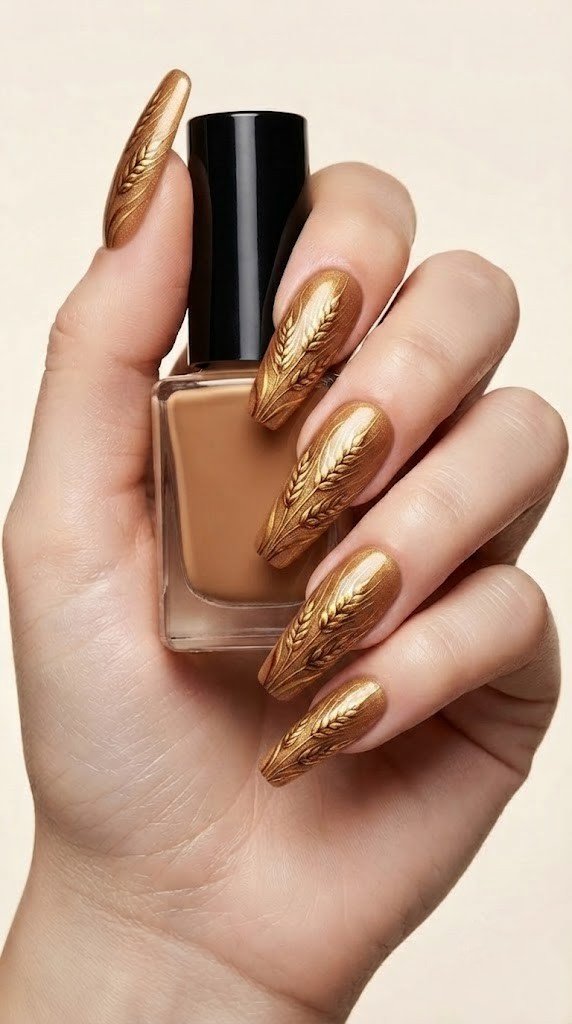 long almond nails with liquid gold wheat stalk illustrations and bronze accents on toasted almond gel base