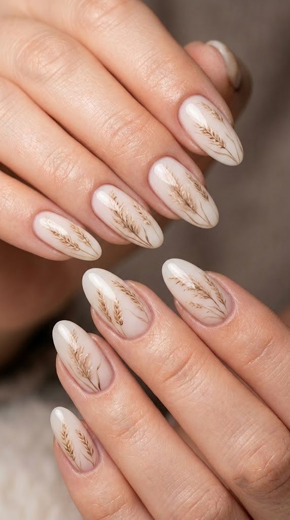 "Long almond nails with delicate dried pampas grass and wild wheat illustration on milky quartz gel"