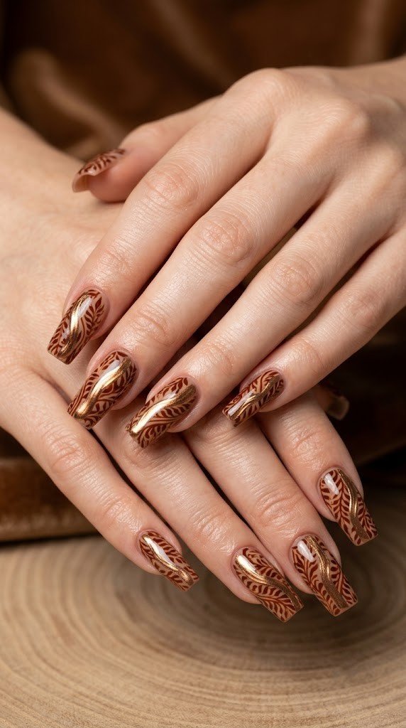 sheer toasted vanilla gel nails with dark terracotta henna-style foliage fine line art on long oval