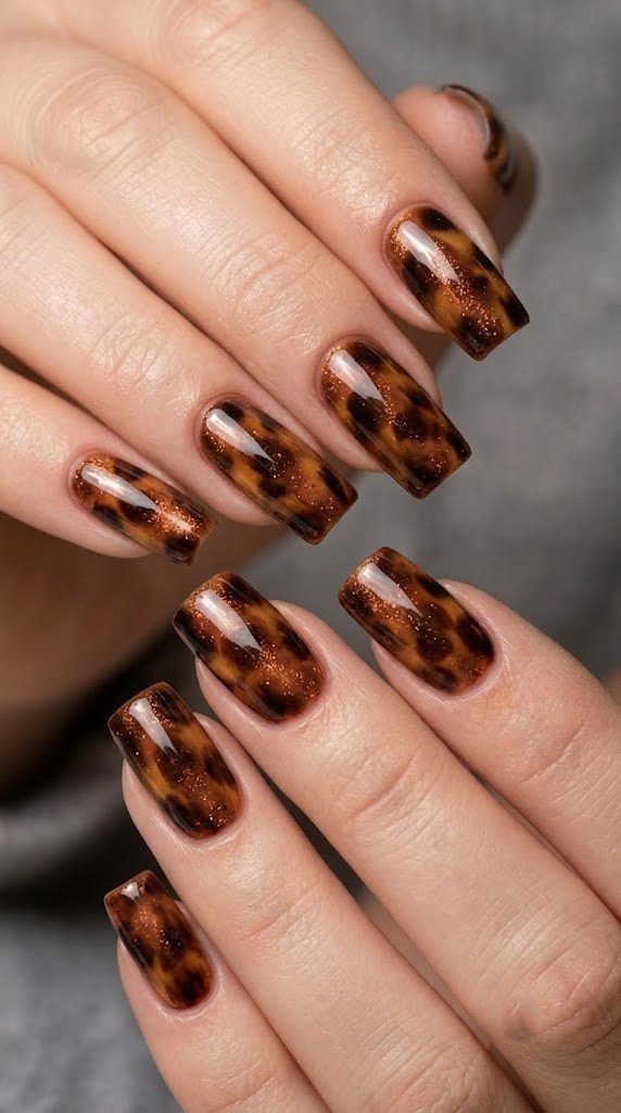 Long square nails with luxury Italian tortoiseshell pattern and fine copper shimmer overlay in gloss