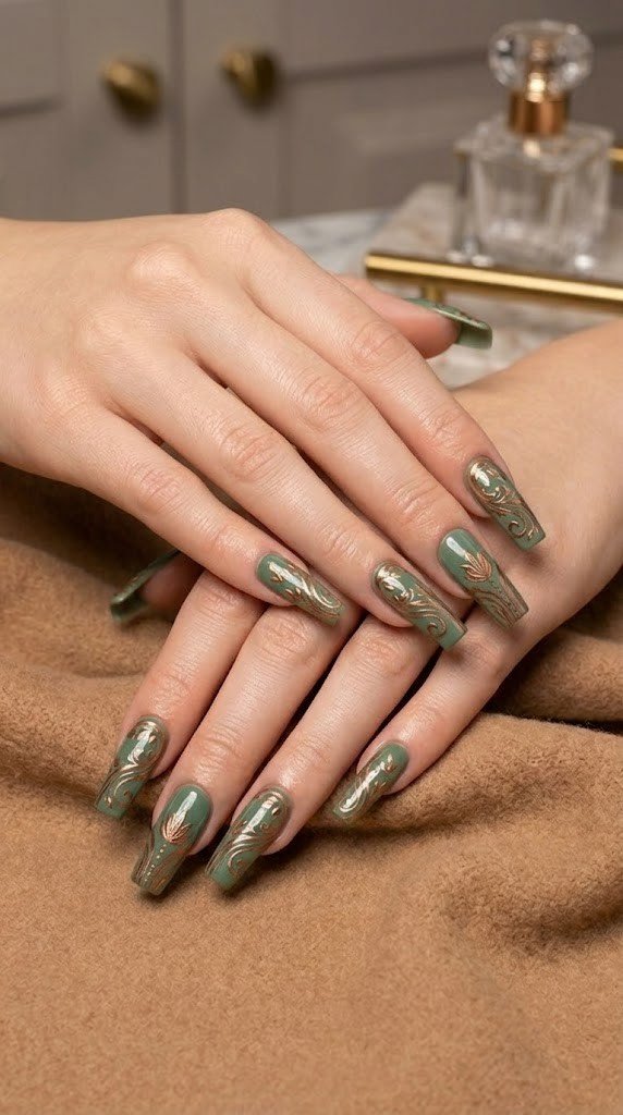 Sage green fall nail colors with metallic copper swirl art on square nails
