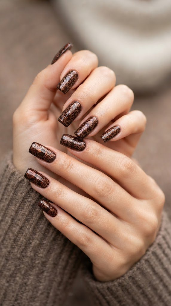 dark chocolate brown square nails with satin copper filigree and burnt sienna micro floral emblems