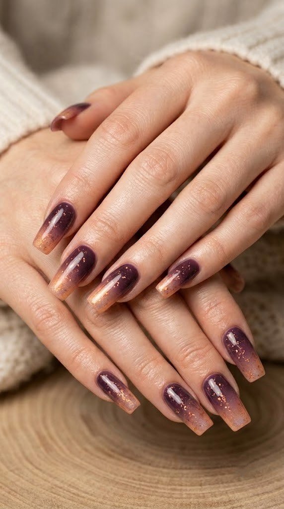 Long square nails with deep plum to luminous apricot ombre finish embedded with micro copper flakes