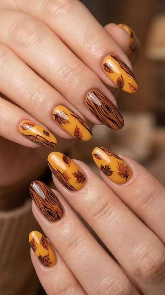 Saffron yellow fall nail ideas with teakwood grain sketches on almond nails