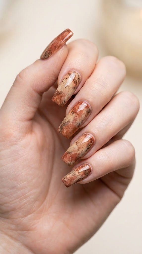 Long square nails with artistic weathered terracotta fresco texture illusion in deep umber and pale sand