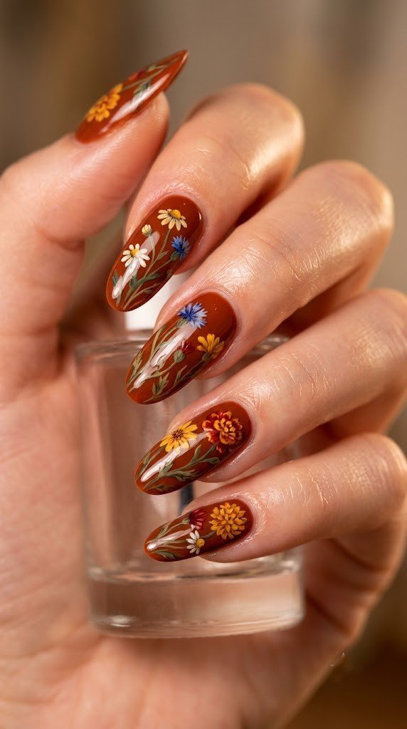 Spiced apricot fall nail colors with wildflowers fading into marigold tones
