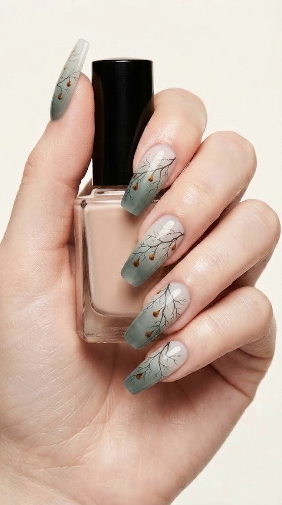 long square nails with foggy orchard silhouette and amber hanging fruit on milky white gel canvas