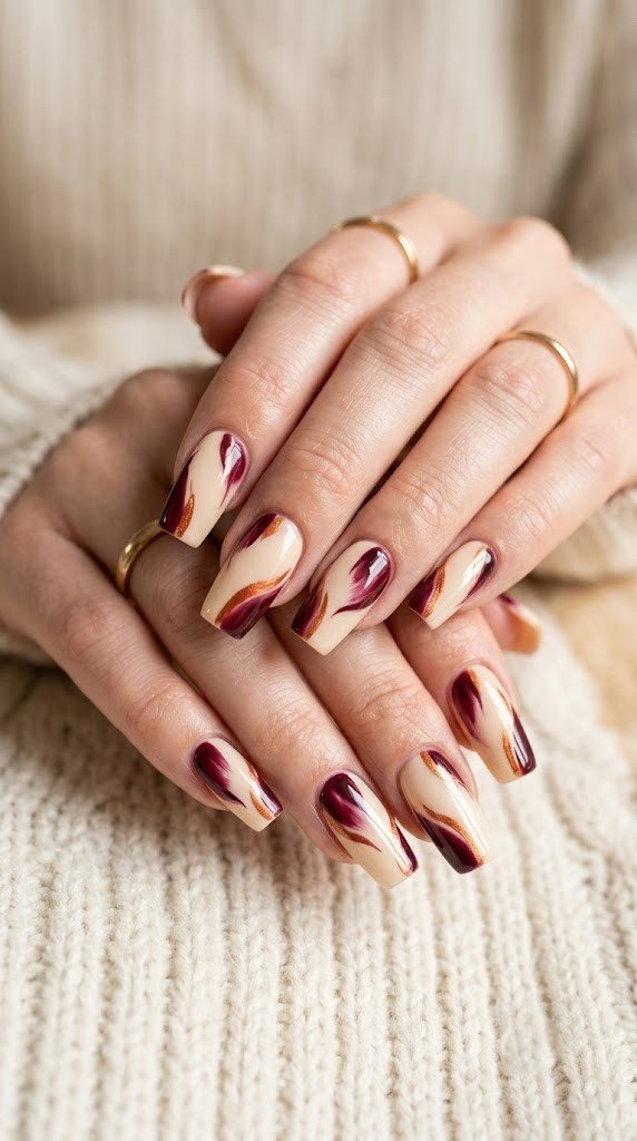 Ivory base cute fall nail ideas with dahlia wine and copper brush strokes