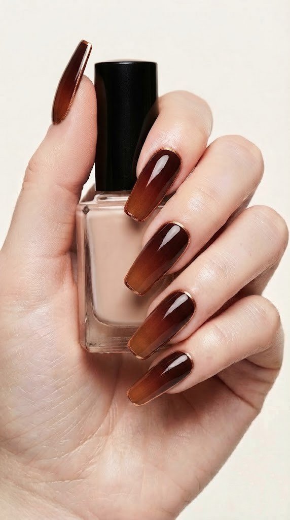 long square nails with mahogany espresso chestnut gradient and liquid copper edge lines gel finish