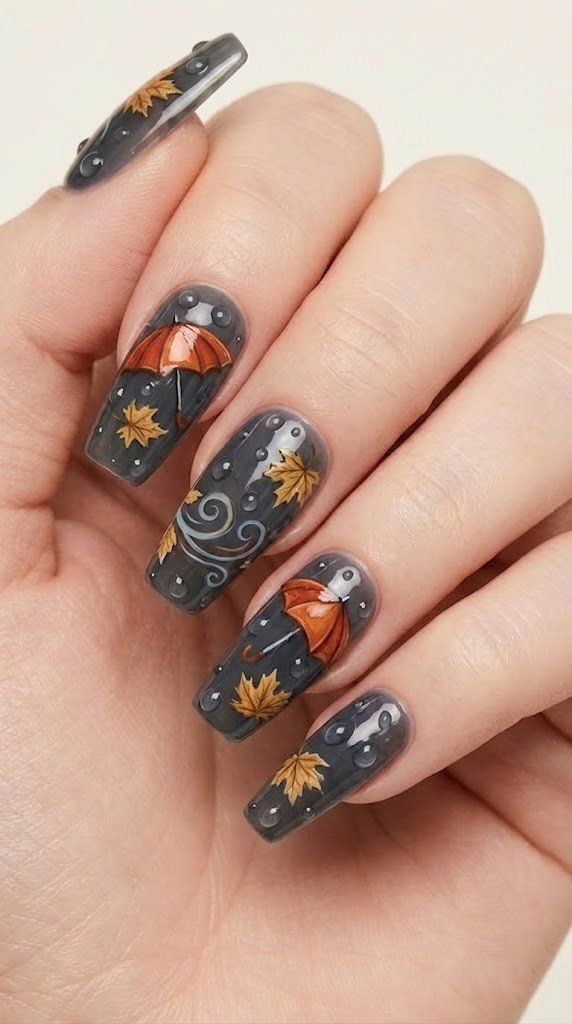 long square nails with micro water droplets on charcoal grey base and vintage burnt orange umbrella accent