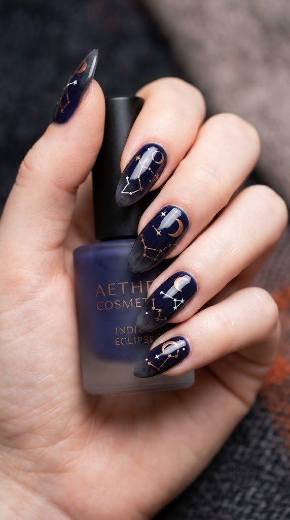deep indigo gel nails with matte copper constellation and crescent moon phase illustrations on long almond