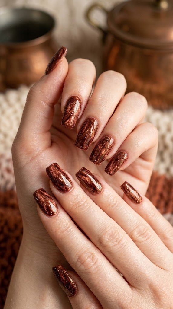 Long square nails with crushed velvet texture illusion in spiced cider and dark cinnabar with gold dust