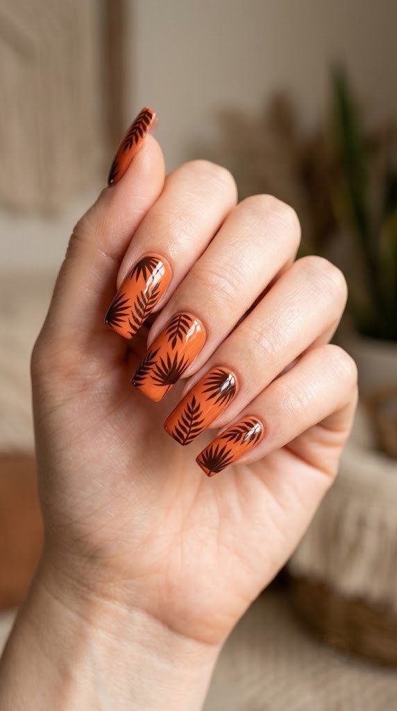 Terracotta fall nail ideas with espresso desert fern silhouettes on square nails